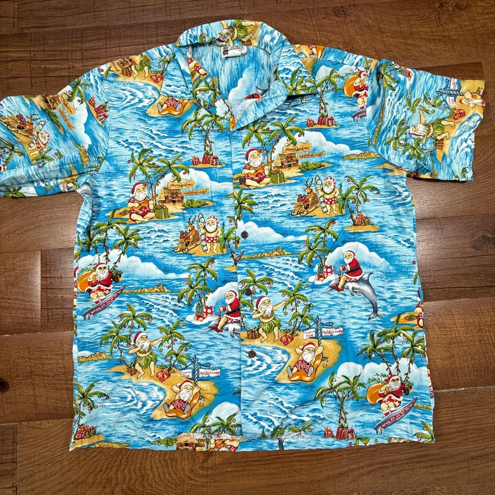 Aloha Republic Button Down Shirt Men XL Blue Christmas Surfing Santa Hawaii